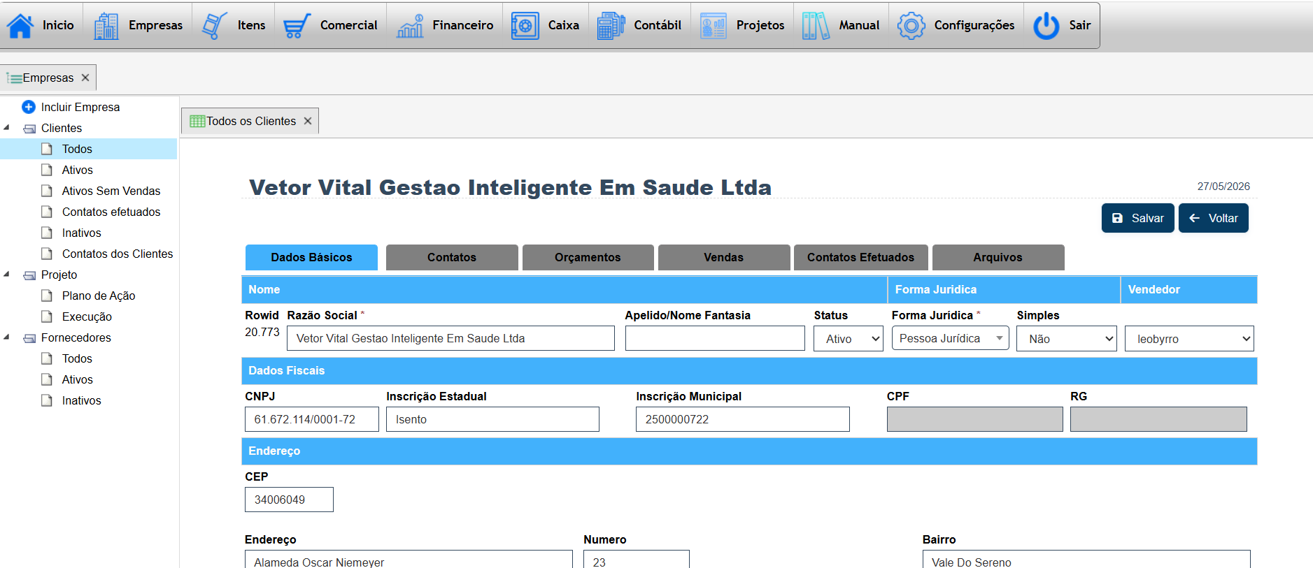 Tela de cadastro de empresas no Teraz