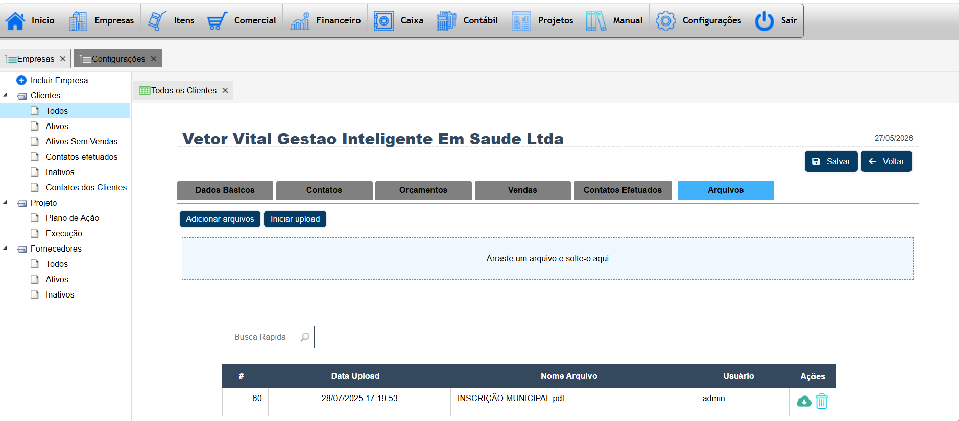 Tela de arquivos anexados ao cadastro de empresas no Teraz
