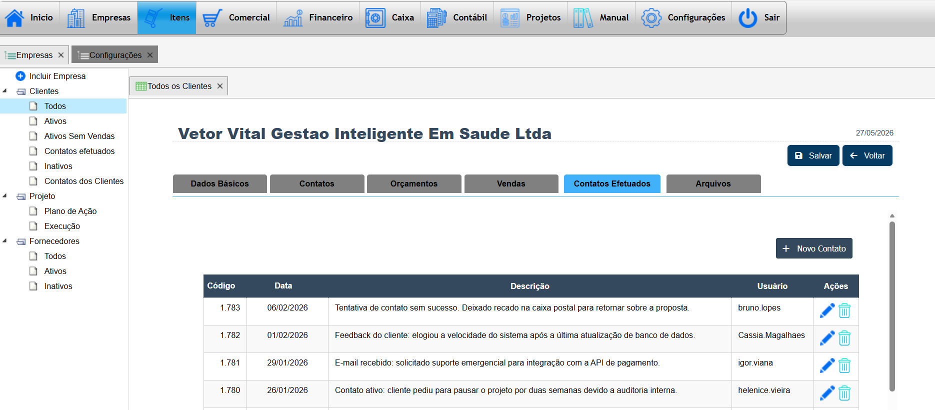 Tela de registro de contatos efetuados no cadastro de empresas do Teraz