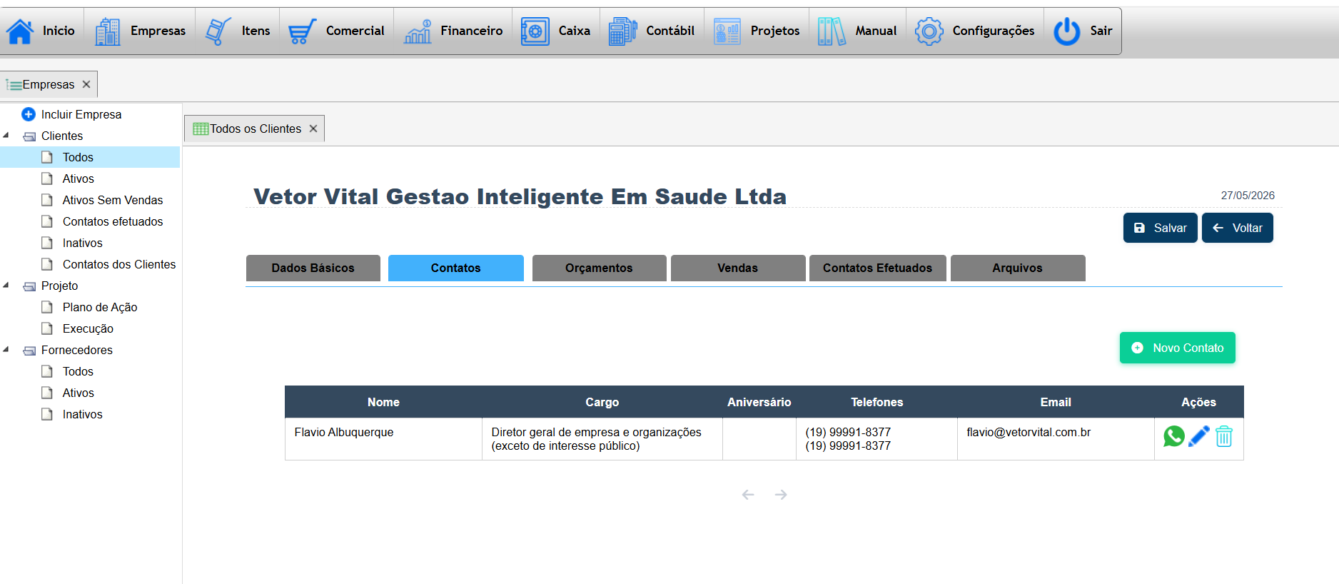 Tela de contatos cadastrados por empresa no Teraz