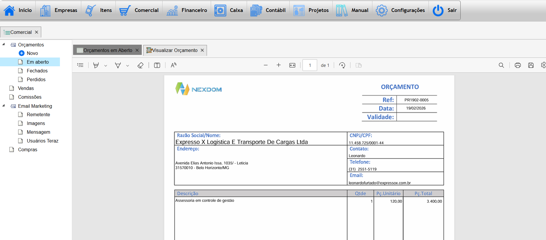 Orçamento comercial em PDF gerado pelo Teraz