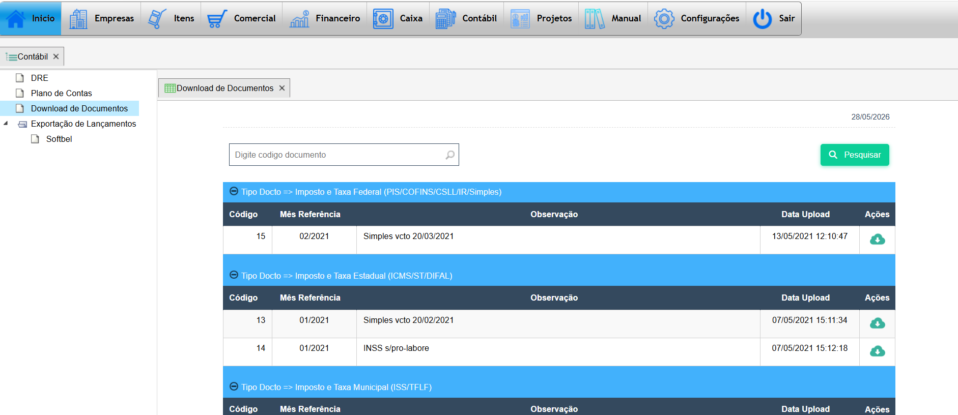 Tela de download de documentos enviados pela contabilidade no Teraz