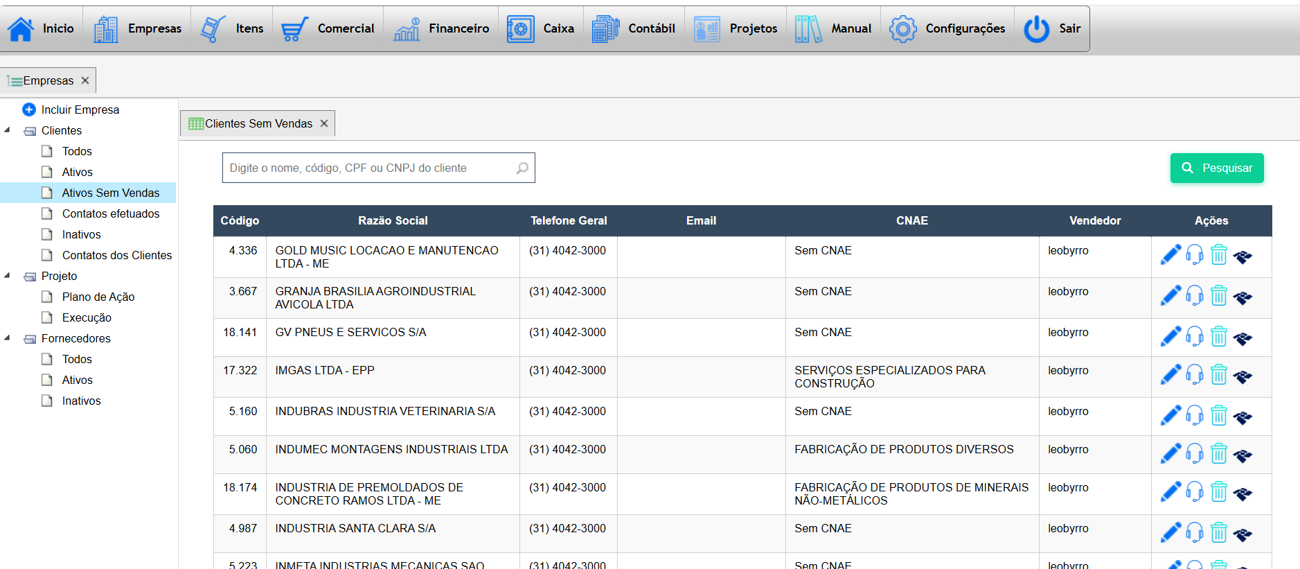 Tela de clientes sem vendas no CRM do Teraz