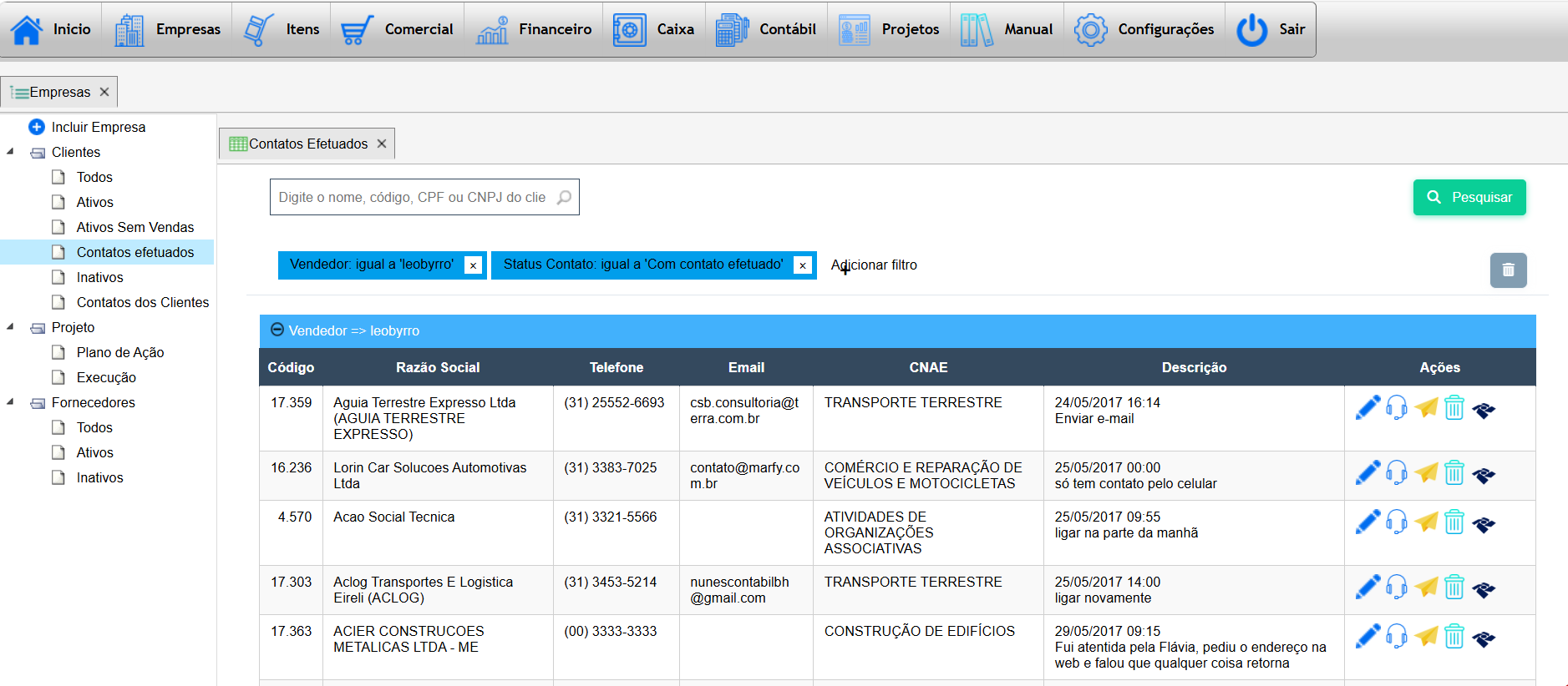 Tela de contatos efetuados no CRM do Teraz