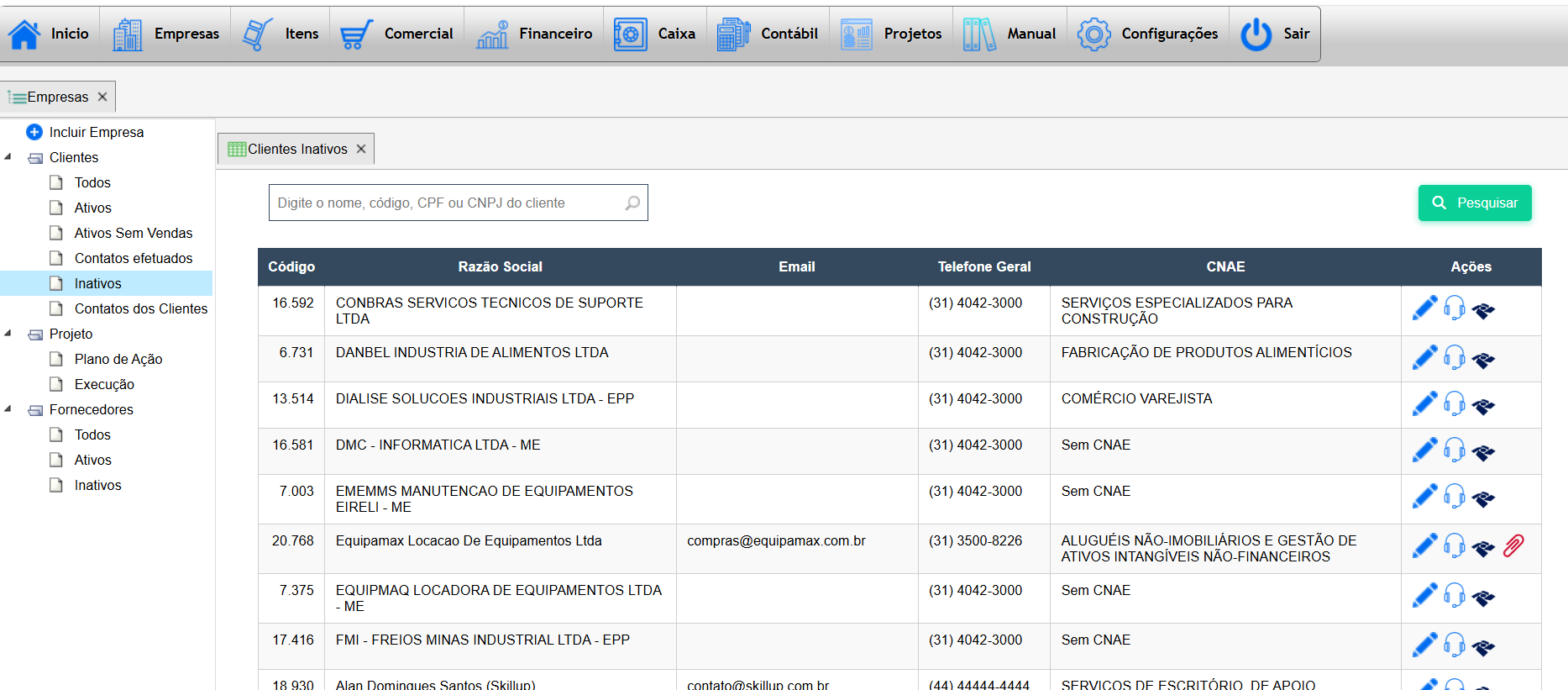 Tela de clientes inativos no CRM do Teraz