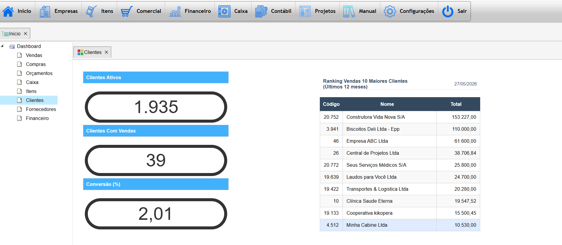 Dashboard de clientes do Teraz