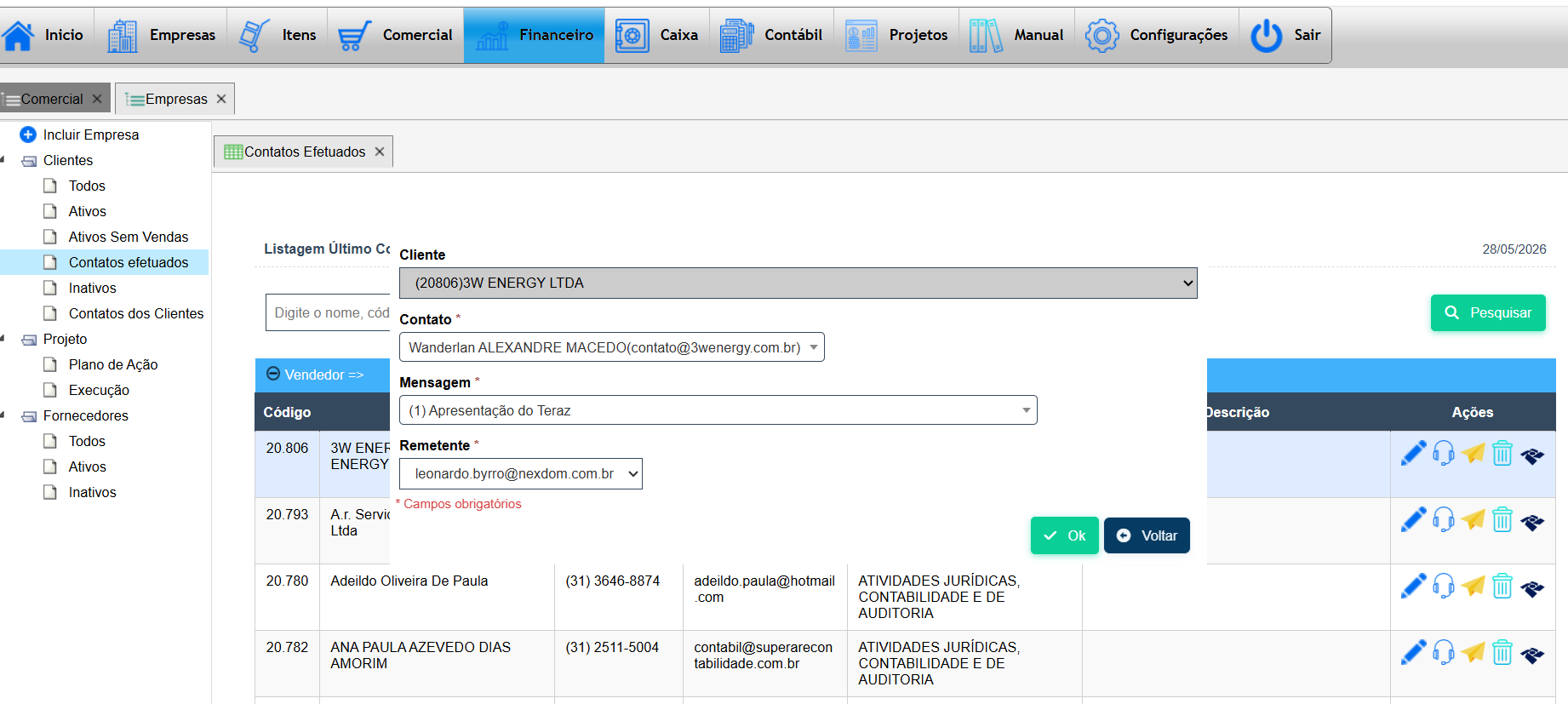 Tela de envio de mensagem de email marketing no Teraz