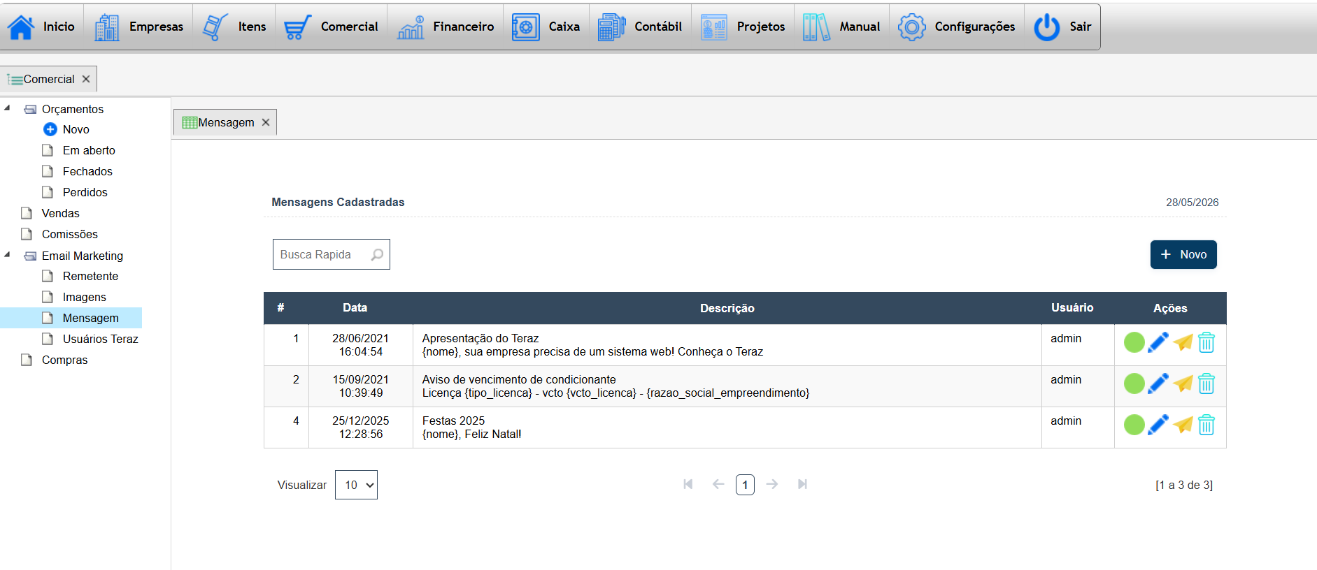 Tela de mensagens de email marketing no Teraz