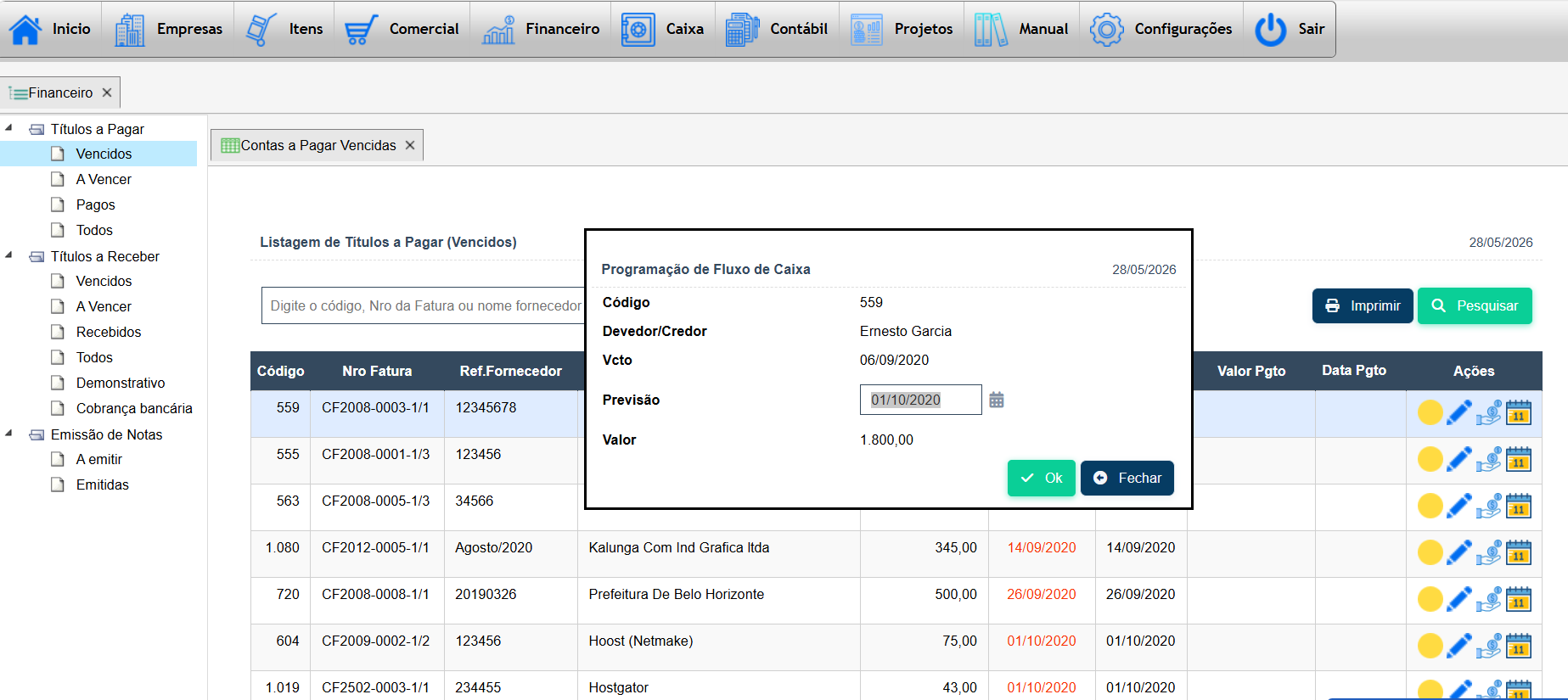 Tela de programação de fluxo de caixa no Teraz