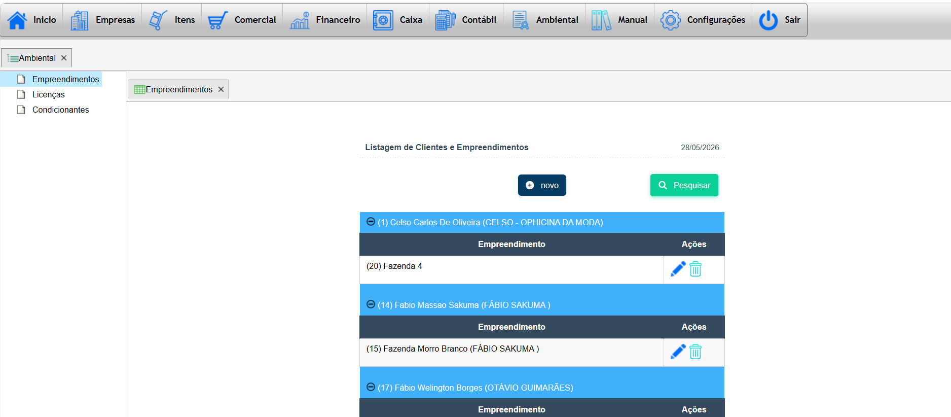 Tela de empreendimentos vinculados a licenças no Teraz