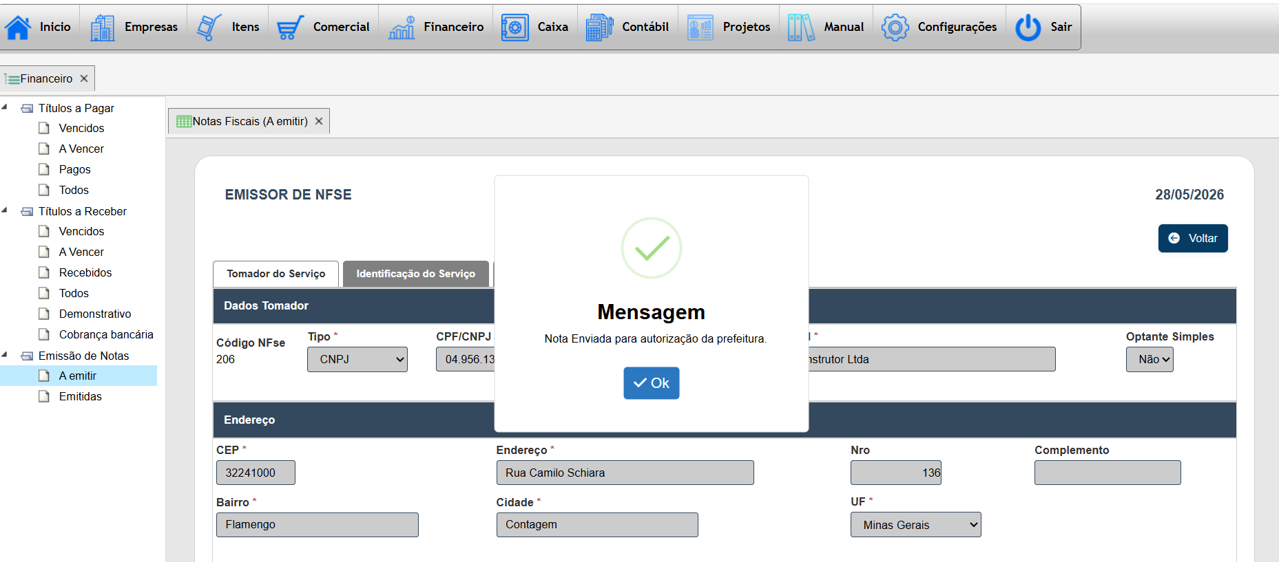 Tela de envio simples de NFSe no Teraz