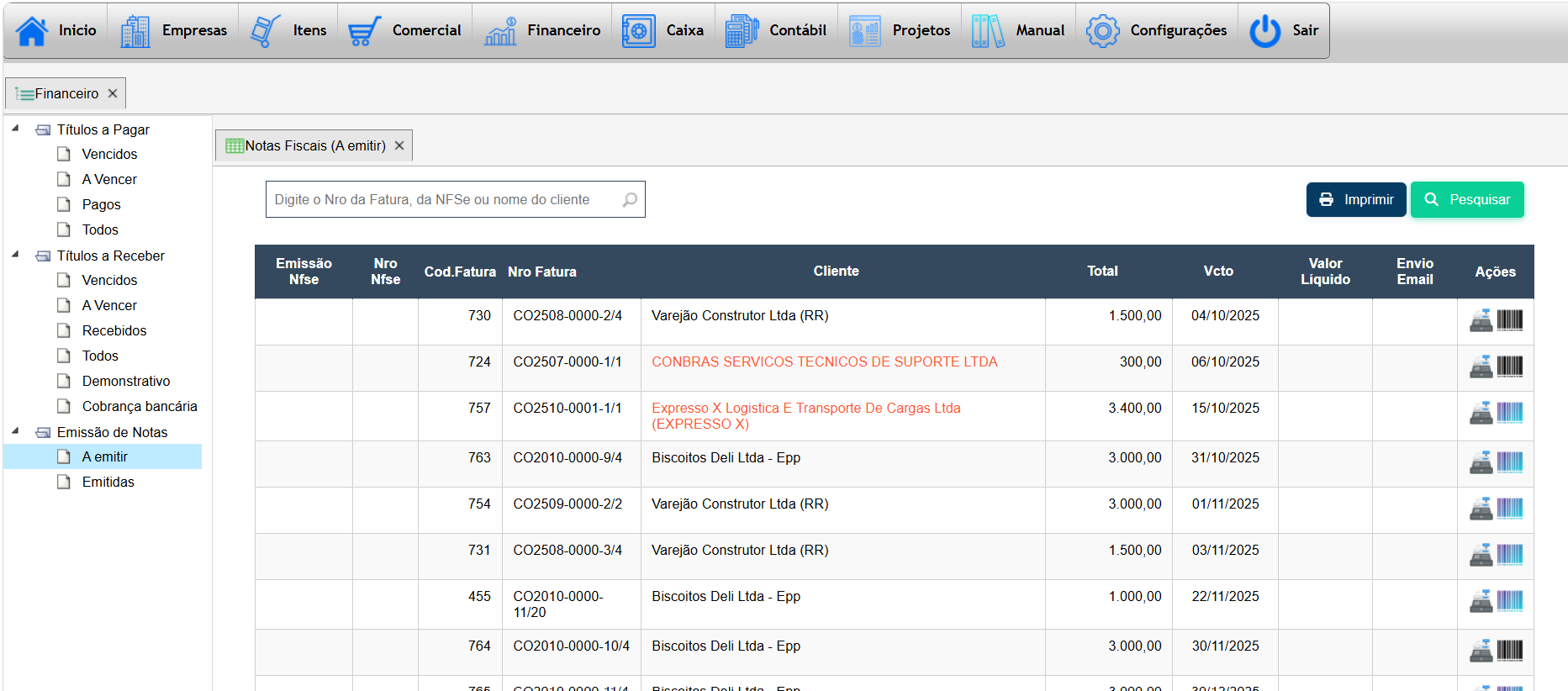 Tela de listagem e emissão de NFSe no Teraz