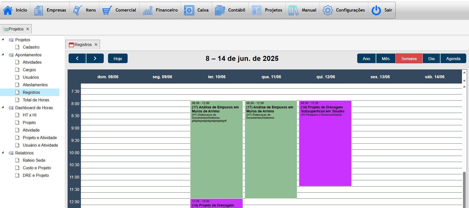 Tela de timesheet do Teraz para projetos de engenharia